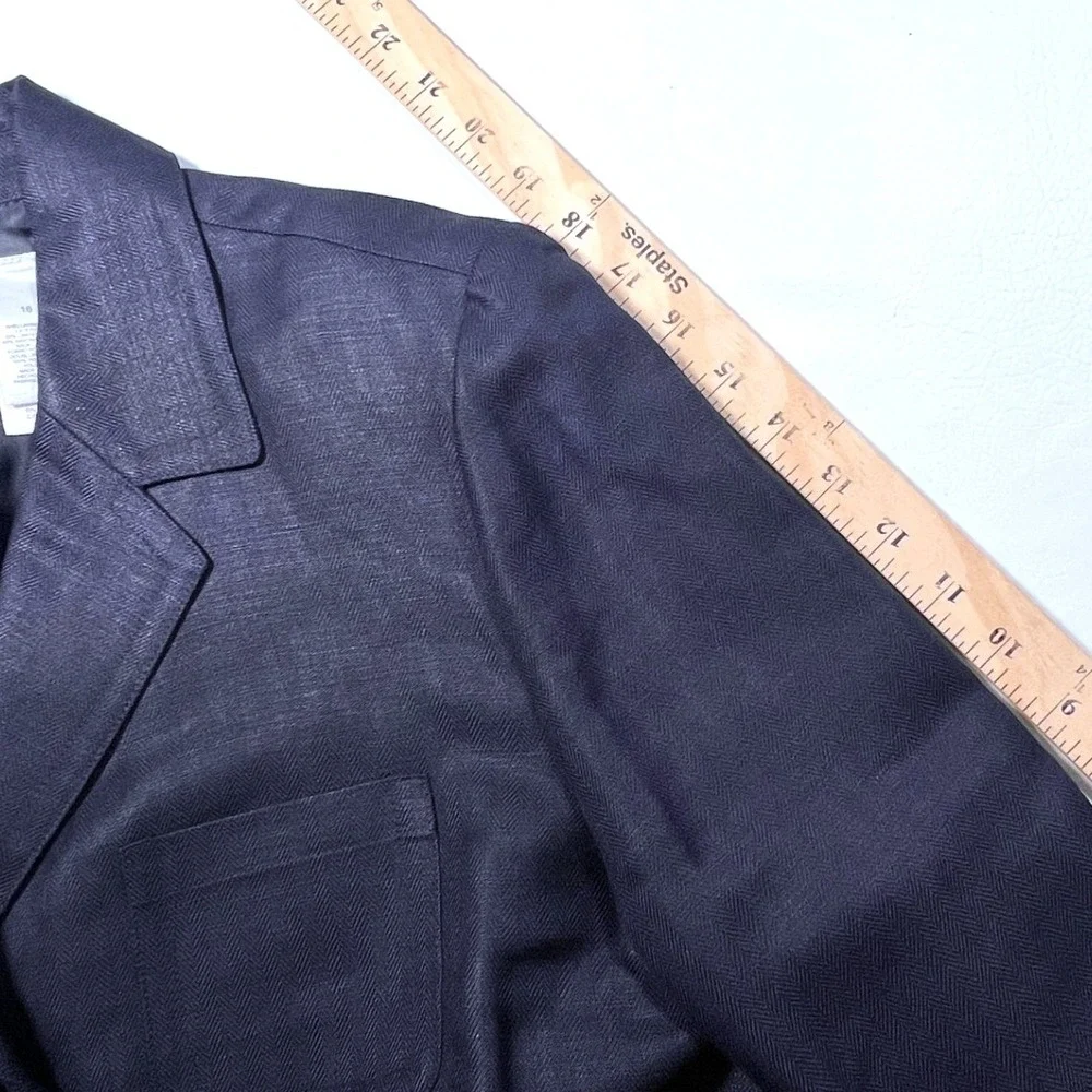 Emma James Linen Blend Blazer Women 16 Navy Blue Herringbone Professional Jacket